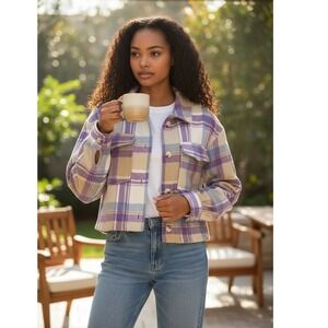 Republic Plaid Crop Shacket Large Purple Blue‎ Beige Button Down Jacket